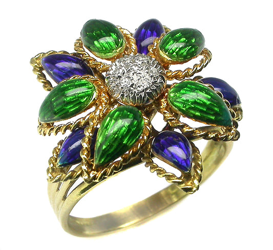 1960s Diamond Blue and Green Enamel 18k Yellow Gold Flower  Ring