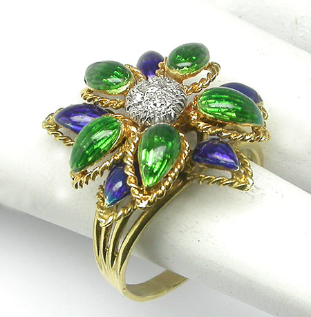 1960s Diamond Blue and Green Enamel 18k Yellow Gold Flower  Ring