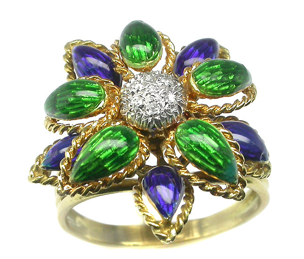 1960s Diamond Blue and Green Enamel 18k Yellow Gold Flower  Ring