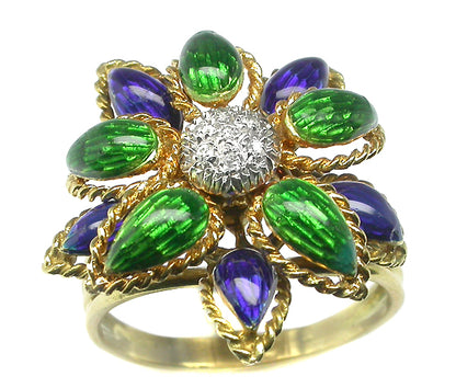 1960s Diamond Blue and Green Enamel 18k Yellow Gold Flower  Ring