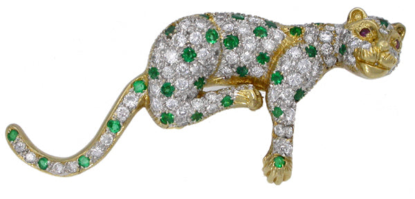 1960s Diamond Emerald 18k Gold Panther Pin