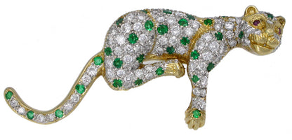 1960s Diamond Emerald 18k Gold Panther Pin