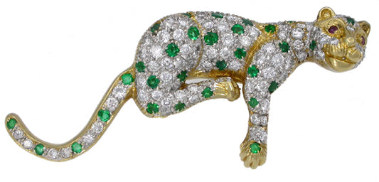 1960s Diamond Emerald 18k Gold Panther Pin