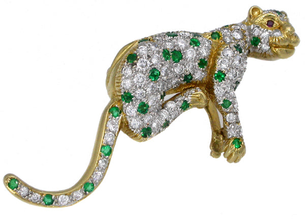 1960s Diamond Emerald 18k Gold Panther Pin