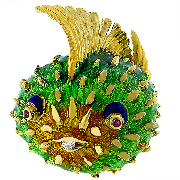 1960s Diamond Ruby Enamel Gold Blow Fish