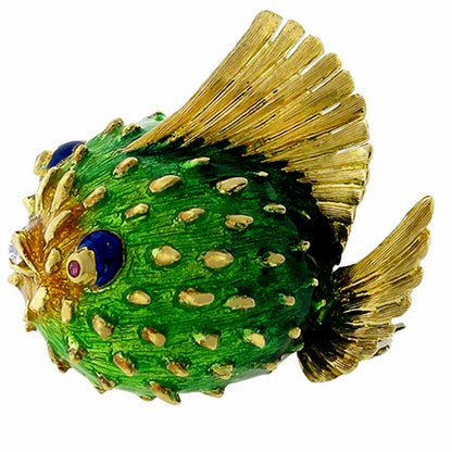 1960s Diamond Ruby Enamel Gold Blow Fish