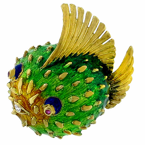 1960s Diamond Ruby Enamel Gold Blow Fish