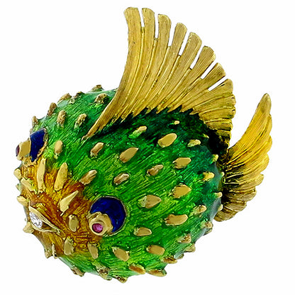 1960s Diamond Ruby Enamel Gold Blow Fish