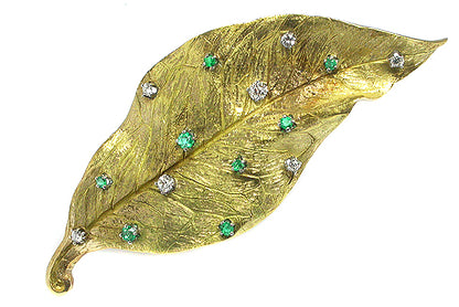 1960s Emerald & Diamond 14k Yellow Gold Leaf Motif Pin