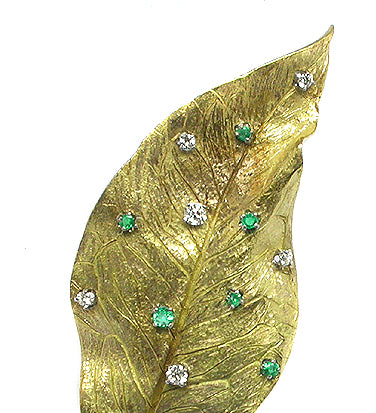 1960s Emerald & Diamond 14k Yellow Gold Leaf Motif Pin