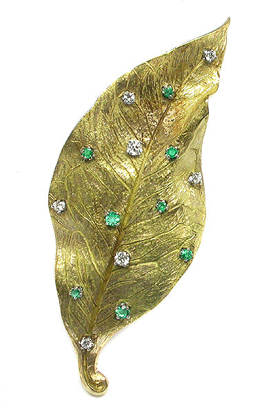 1960s Emerald & Diamond 14k Yellow Gold Leaf Motif Pin