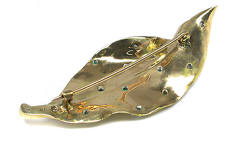 1960s Emerald & Diamond 14k Yellow Gold Leaf Motif Pin