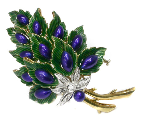 1960's Enamel Diamond 18k Yellow & White  Gold Floral Pin
