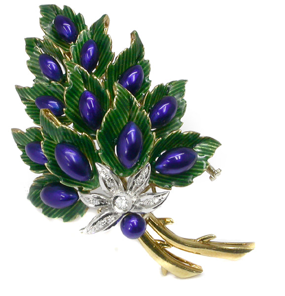 1960's Enamel Diamond 18k Yellow & White  Gold Floral Pin