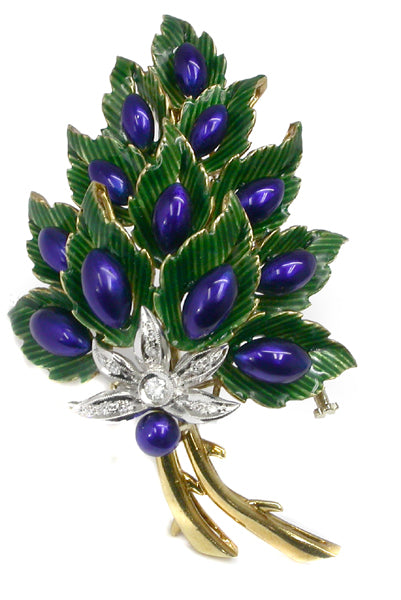 1960's Enamel Diamond 18k Yellow & White  Gold Floral Pin