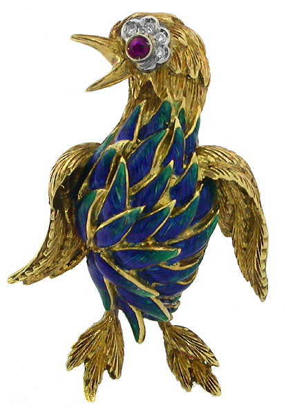 1960s Ruby Diamond Enamel 18k Gold Bird Pin