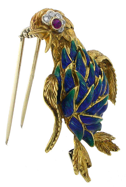 1960s Ruby Diamond Enamel 18k Gold Bird Pin