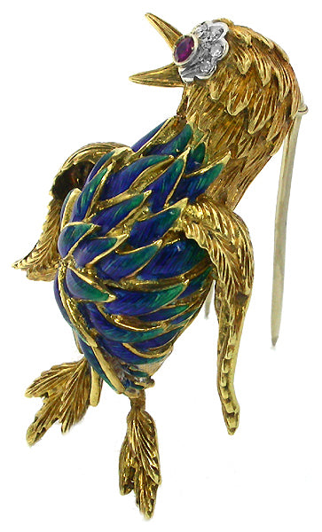 1960s Ruby Diamond Enamel 18k Gold Bird Pin