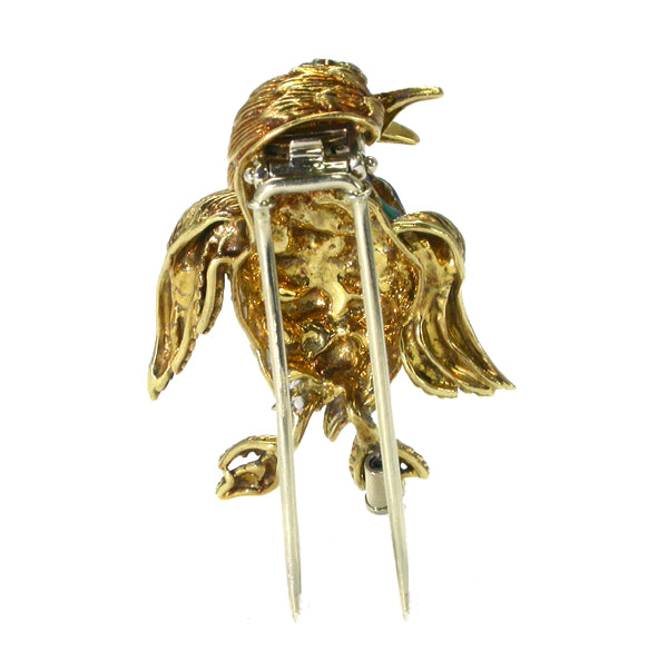 1960s Ruby Diamond Enamel 18k Gold Bird Pin