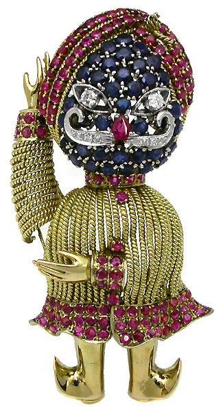 1960s Ruby Sapphire Diamond 14k Yellow and White Gold Pin