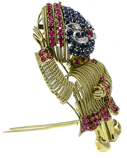 1960s Ruby Sapphire Diamond 14k Yellow and White Gold Pin