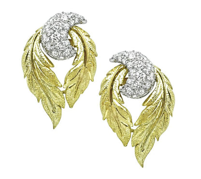 Vintage 1.50ct Diamond Two Tone 18k Gold Earrings