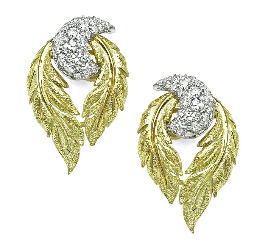 Vintage 1.50ct Diamond Two Tone 18k Gold Earrings