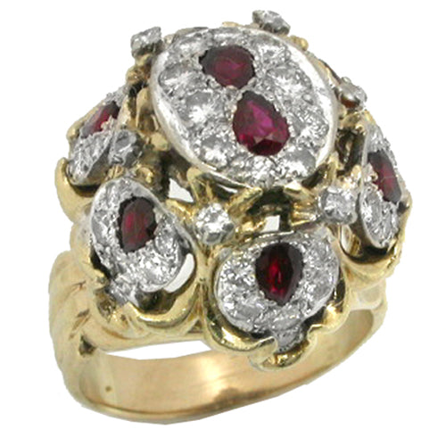 1970s 1.25ct Ruby 2.00ct Diamond  Gold Bombe Ring