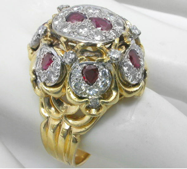 1970s 1.25ct Ruby 2.00ct Diamond  Gold Bombe Ring