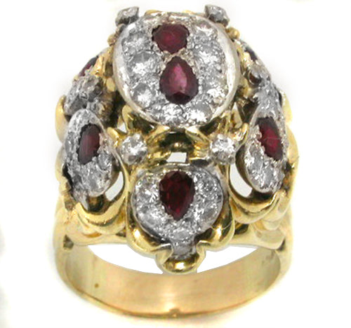 1970s 1.25ct Ruby 2.00ct Diamond  Gold Bombe Ring