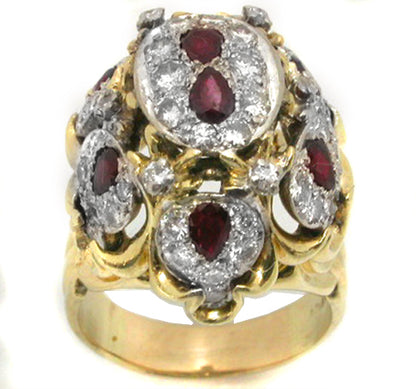 1970s 1.25ct Ruby 2.00ct Diamond  Gold Bombe Ring