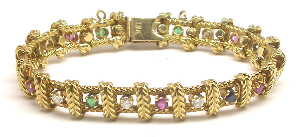 1970's 18k Yellow Gold Diamond Emerald Sapphire and Ruby Bracelet