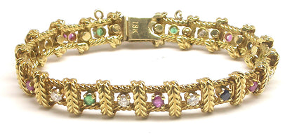 1970's 18k Yellow Gold Diamond Emerald Sapphire and Ruby Bracelet