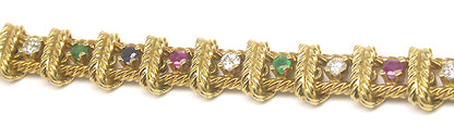 1970's 18k Yellow Gold Diamond Emerald Sapphire and Ruby Bracelet
