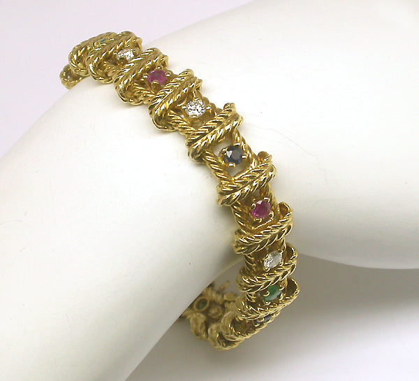 1970's 18k Yellow Gold Diamond Emerald Sapphire and Ruby Bracelet