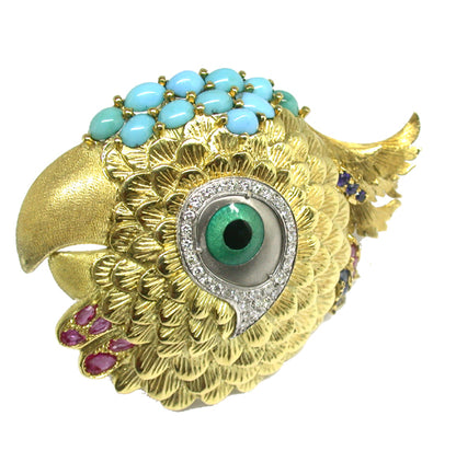 1970s Spitzer & Furman Turquoise Ruby Sapphire and Enamel 18k Yellow Gold Pin