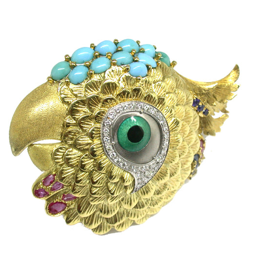 1970s Spitzer & Furman Turquoise Ruby Sapphire and Enamel 18k Yellow Gold Pin