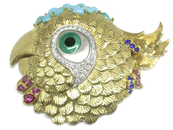 1970s Spitzer & Furman Turquoise Ruby Sapphire and Enamel 18k Yellow Gold Pin