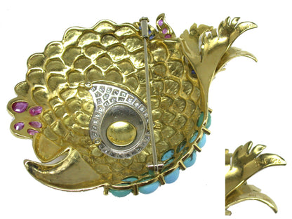 1970s Spitzer & Furman Turquoise Ruby Sapphire and Enamel 18k Yellow Gold Pin