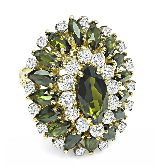 1970s 4.00ct Green Tourmaline 2.00ct Diamond 18k Yellow Gold Ring