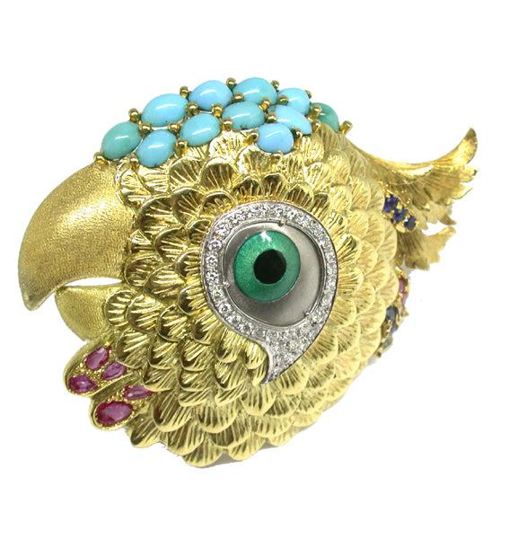 1970s Spitzer & Furman Turquoise Ruby Sapphire and Enamel 18k Yellow Gold Pin