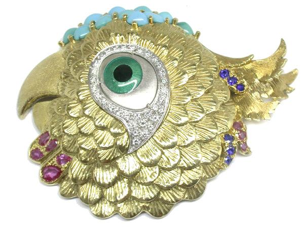 1970s Spitzer & Furman Turquoise Ruby Sapphire and Enamel 18k Yellow Gold Pin