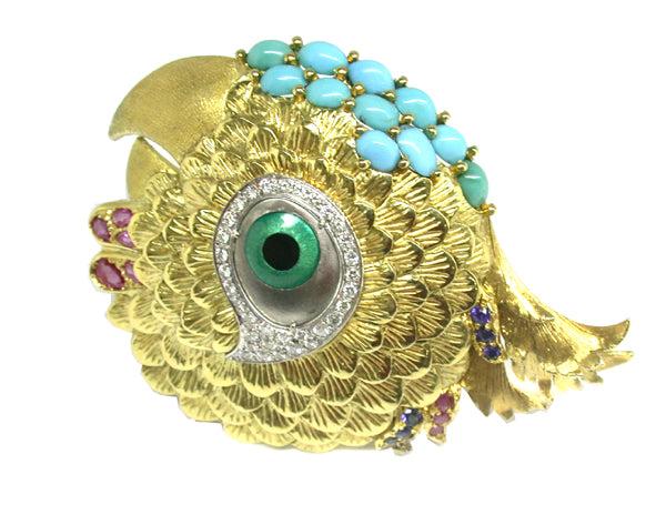 1970s Spitzer & Furman Turquoise Ruby Sapphire and Enamel 18k Yellow Gold Pin