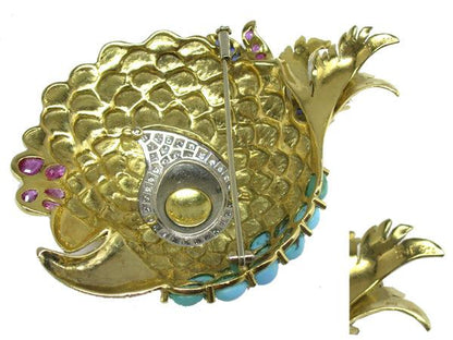 1970s Spitzer & Furman Turquoise Ruby Sapphire and Enamel 18k Yellow Gold Pin