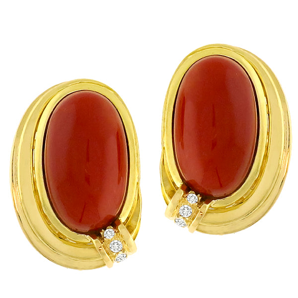 1980s Cabochon Oval Coral Diamond 18k Yellow Gold Earrings