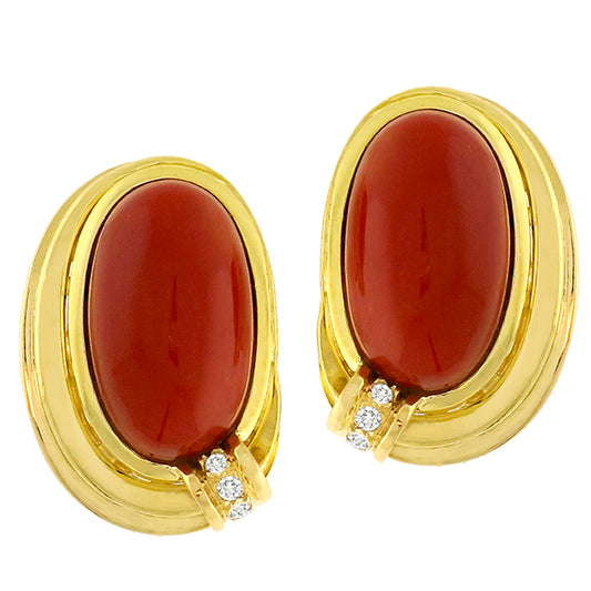 1980s Cabochon Oval Coral Diamond 18k Yellow Gold Earrings