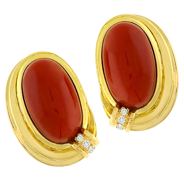 1980s Cabochon Oval Coral Diamond 18k Yellow Gold Earrings