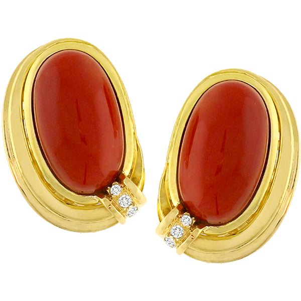 1980s Cabochon Oval Coral Diamond 18k Yellow Gold Earrings