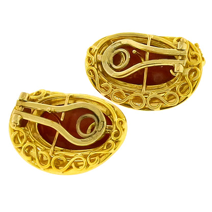 1980s Cabochon Oval Coral Diamond 18k Yellow Gold Earrings