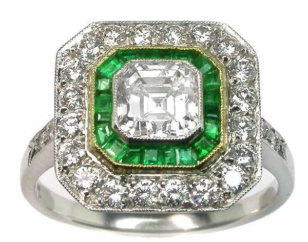 1ct Asscher Cut Art Deco Style Platinum Diamond Emerald Ring